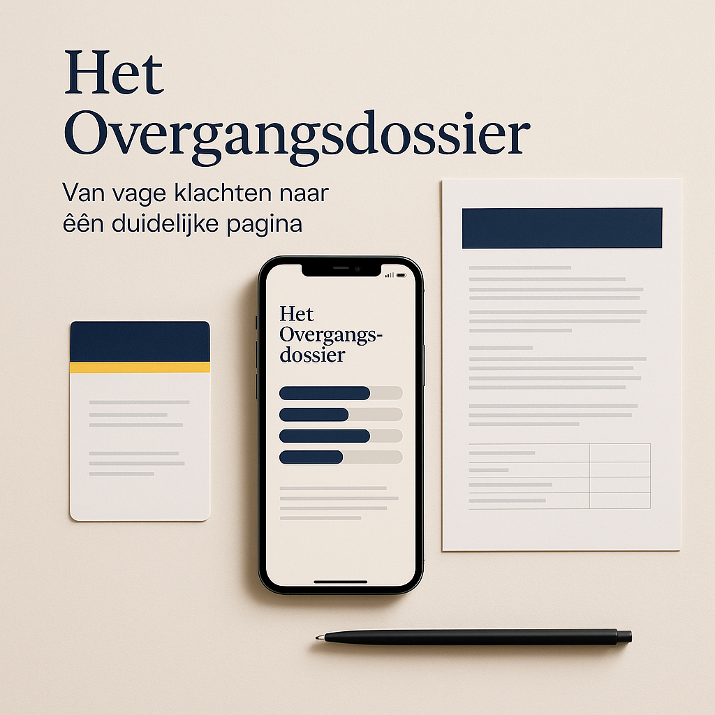 Het Overgangsdossier van Genurana: de app op een smartphone, het geprinte huisartsdossier en de consultkaart