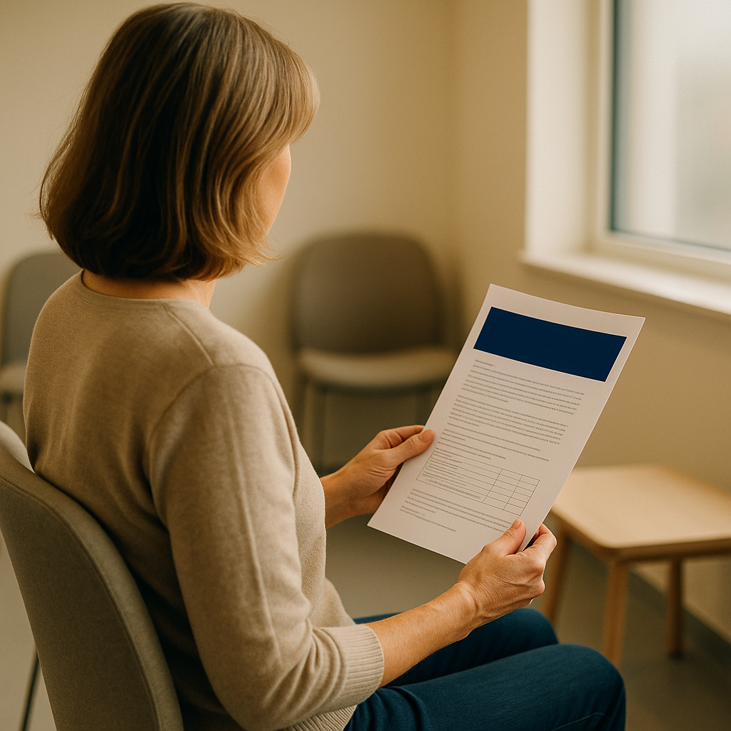 Vrouw in de wachtkamer met haar geprinte overgangsdossier, klaar voor het gesprek met de huisarts