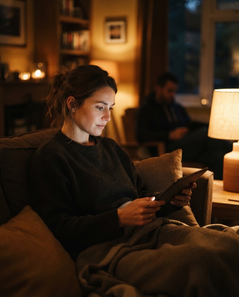 Frau liest abends nachdenklich auf einem Tablet