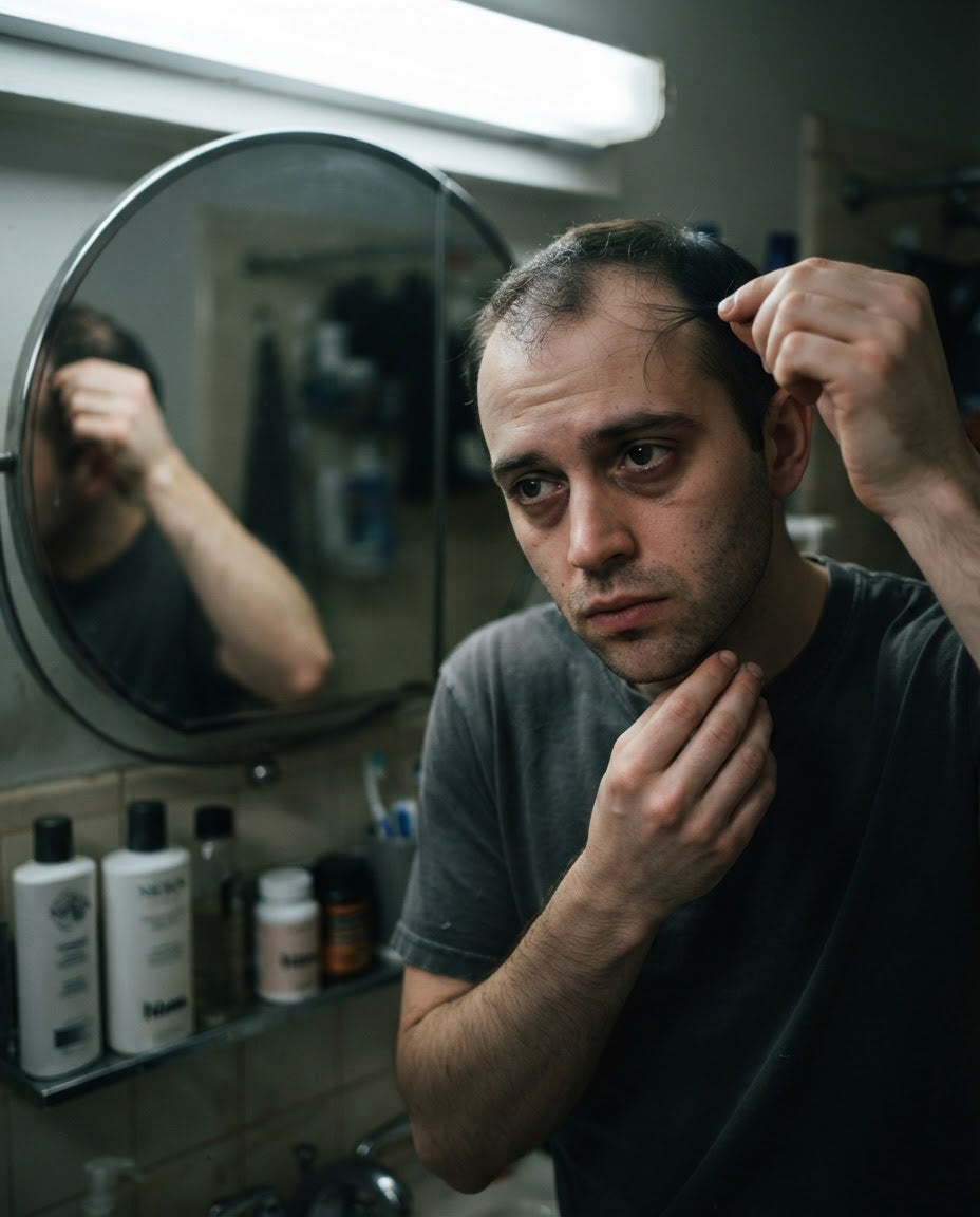 Mann hält besorgt Haare zwischen den Fingern vor dem Badezimmerspiegel