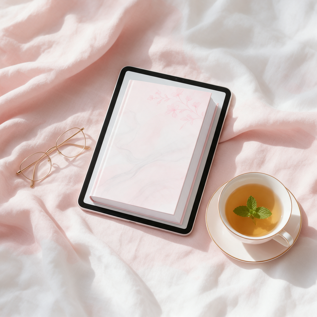 Lösung — E-Book Mockup mit Tee und Lesebrille